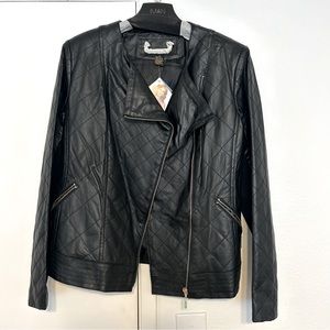 New! IMAN Black Quilted 100% Leather Jacket Detachable Faux Fur Collar
